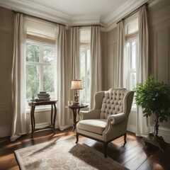 Wingback chair near window. Classic home interior design of living room.