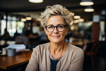 Smiling woman in eyeglasses in office. Created with AI. - obrazy, fototapety, plakaty