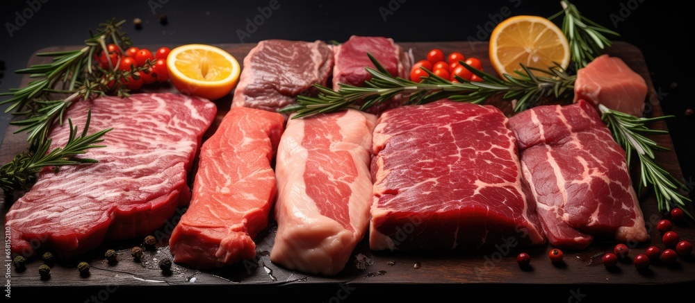 Wall mural assorted raw meat including steak salmon beef pork and chicken on a black background