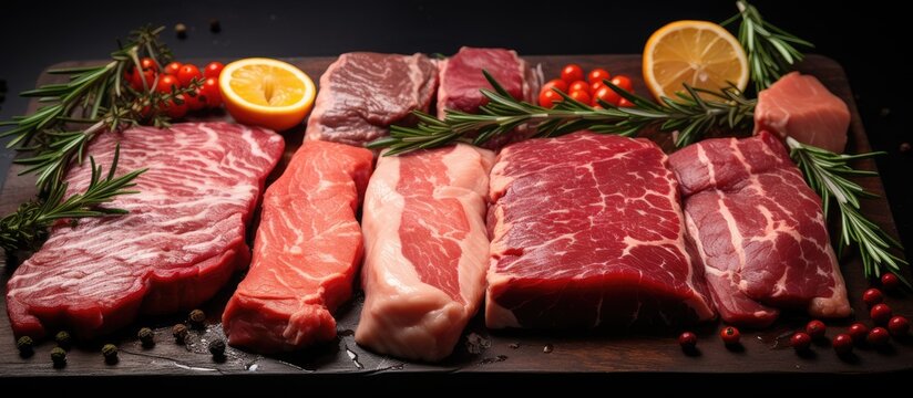 Assorted raw meat including steak salmon beef pork and chicken on a black background