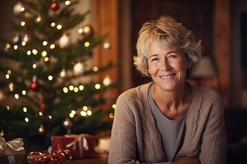 Portrait of smiling senior woman at home with christmas tree in background - obrazy, fototapety, plakaty