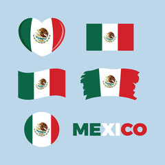 Obraz premium Mexico flag icon set vector isolated on a gray background. Mexican flag graphic design element. Flag of Mexico in heart shape vector. Mexico flag symbols collection. Set of mexico icons in flat style