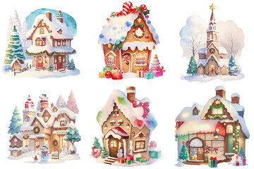 Cute Whimsical Christmas Houses with Lights and Decorations Watercolor Transparent PNG Clipart Collection