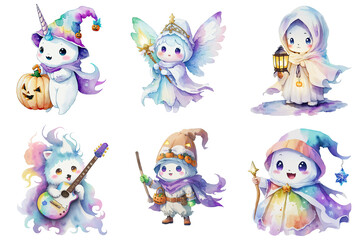 Halloween Cute Ghosts with Pumpkin, Hat, Lantern Watercolor Transparent PNG Clipart Collection