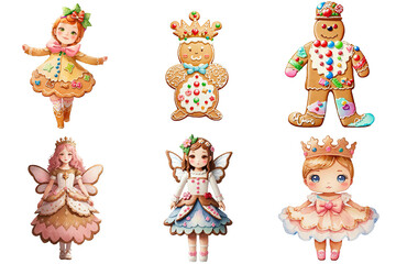 Naklejka premium Christmas Gingerbread Kingdom Variety of Gingerbread Fairy Dolls Watercolor Transparent PNG Clipart Collection