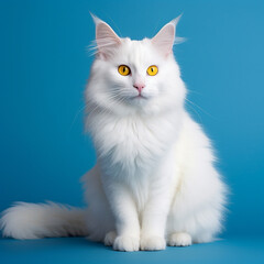 Obraz premium Fluffy white Turkish Angora. Turkish angora. Van cat with yellow eyes on the blue background. Adorable domestic pets. Domestic pet concept. AI
