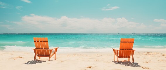 Beach chairs on tropical sandy beach with turquoise ocean water