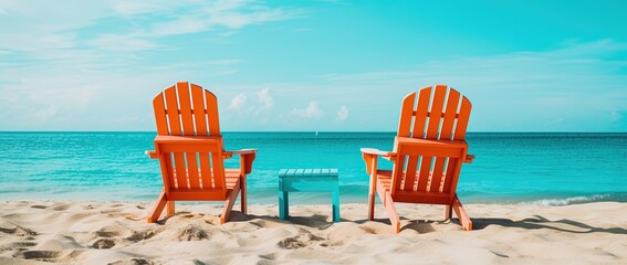 Beach chairs on tropical sandy beach with turquoise ocean water