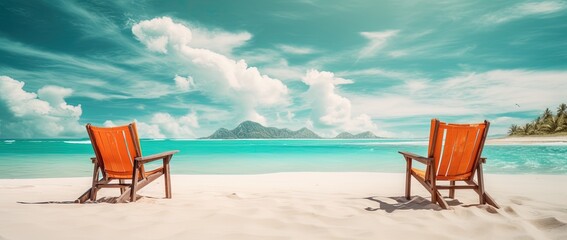 Fototapeta na wymiar Beach chairs on tropical sandy beach with turquoise ocean water