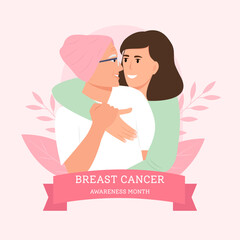 Breast Cancer awareness.  Woman with pink ribbon. Pink october month female healthcare campaign solidarity web template design. Vector  illustration