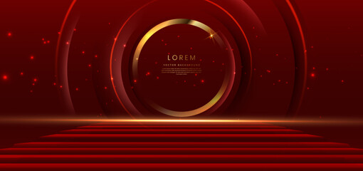 Elegant red stage with gold diagonal glowing lighting effect and sparkle. Template premium award design.