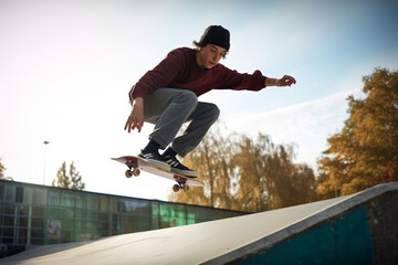 full shot teen doing tricks on skateboard