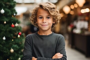 Portrait of a cute little boy in front of a Christmas tree - obrazy, fototapety, plakaty