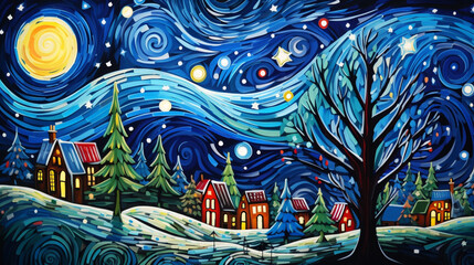 Christmas in small north town painting. - obrazy, fototapety, plakaty