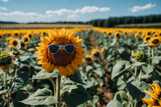 A sunflower wearing glasses in the spacious garden with copy space  on a bright sunny day.