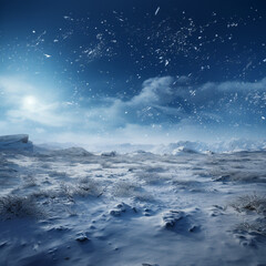 Blue sky with stars and clouds, Lots of snow, Winter, blizzard - obrazy, fototapety, plakaty
