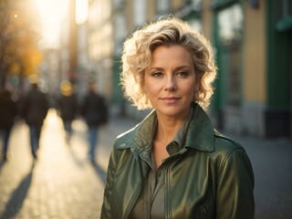 Fototapeta premium swedish female with short curly blonde hair and blue eyes, wearing green Leather Jacket during late autumn sunset. Generative Ai.
