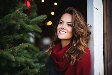 Portrait of a beautiful young woman in a red sweater and scarf near the Christmas tree