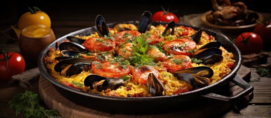 Obraz na płótnie Canvas Traditional Spanish seafood paella with mussels shrimp and chorizo in a wooden pan