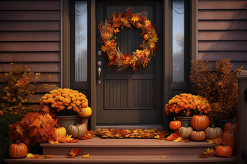 Entrance of a house with the door and stairs decorated with autumn motifs such as pumpkins and dried leaves