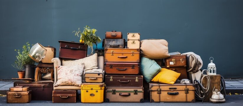 Furniture and belongings left outside on moving day or for junk removal representing household storage and decluttering