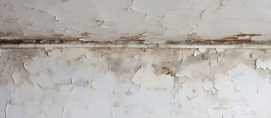 Promotion of restoration services for a damaged ceiling due to flooding by neighbors displaying stains mold and peeled whitewash in a close up view from below related to an insurance case