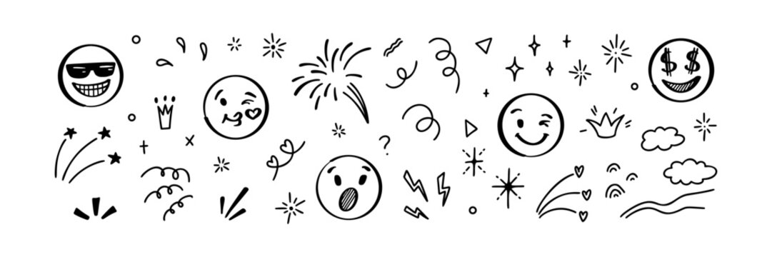 Naklejki Doodle emoji set. Hand drawn sketch vector illustration. Pack of different expressions emoticons and manga stile motion elements