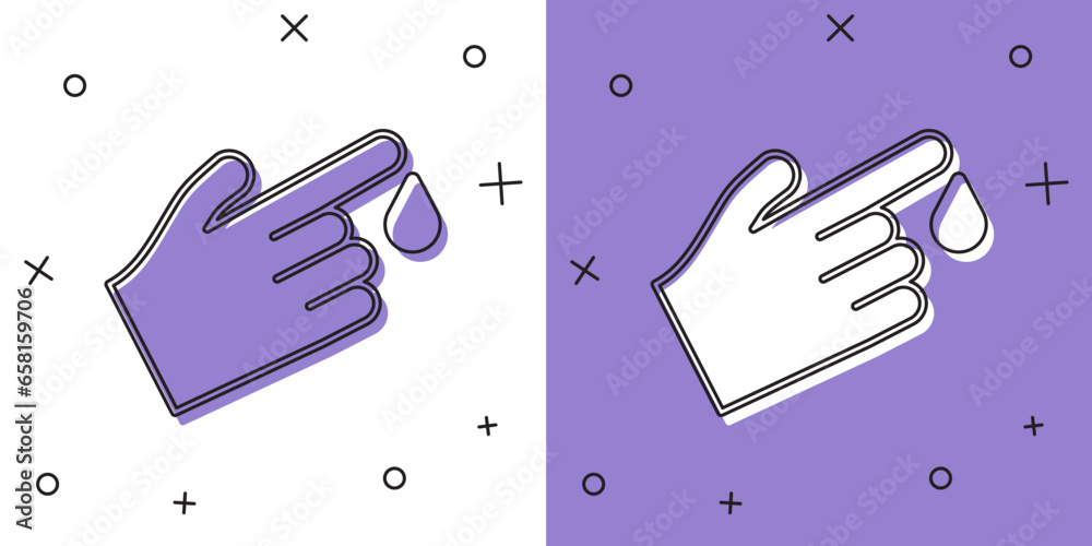 Sticker Set Hand finger with blood drops icon isolated on isolated on white and purple background. Diabetes, sugar blood. Vector