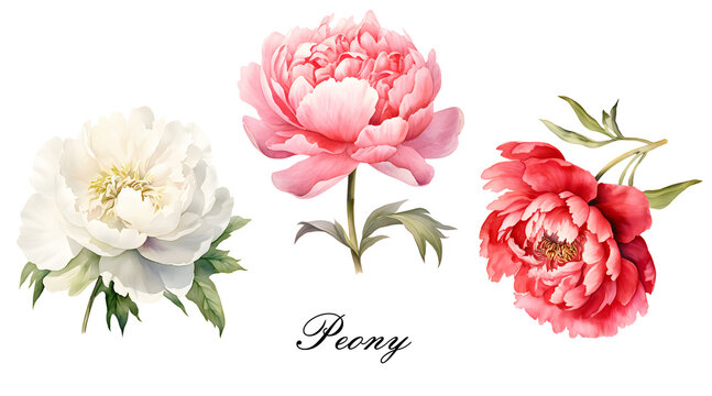 Watercolor red, white and pink peony flower. Watercolor botanical illustration isolated.