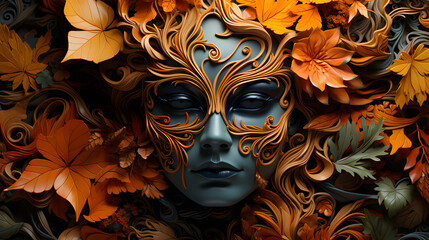 venetian carnival mask with Autumn leaves background