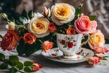 Bouquet of roses and flowers in tea cup 