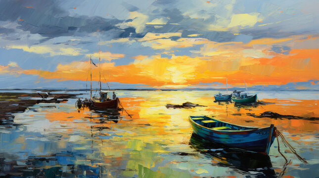 Sunset/ sunrise on the lakeside painting.