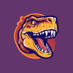 Dinosaur head mascot logo design. Vector illustration of dinosaur head mascot isolated on purple background.