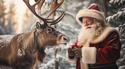 santa claus and deer. in winter snowy background. New Year. ai generative