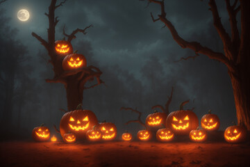 a group of pumpkins and candles in a glum mist
