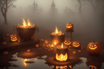 a group of pumpkins in a bowl with candles in a dreary swamp
