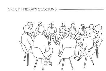 group of people. Hand-drawn line art vector of Group Psychotherapy Sessions. Psychology line art. Mental health and social bonds