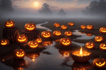 pumpkins sitting in a uncanny marsh