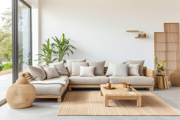 Fototapeta na wymiar Modern open space living room interior with designer modular sofa, furniture. ai generative