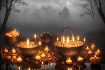 candles and pumpkins in a scary fog with a spooky mansion
