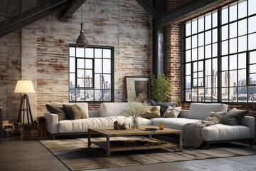 Living room interior in loft, industrial style. ai generative