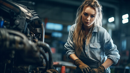 Beautiful young woman s is fixing a car