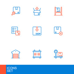 Set line Scale with cardboard box, Container, Warehouse, Carton, Verification of delivery list, interior boxes and Unboxing icon. Vector