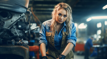 beautiful young woman with blond hair and blue eyes is working as auto mechanic