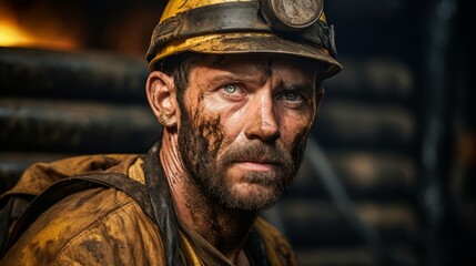 close up hdr portrait of a hard working mine worker wearing a helmet and dirt on his face