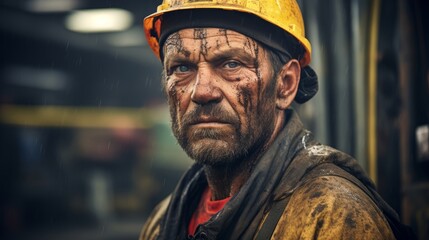 close up hdr portrait of a hard working oil plant worker wearing a helmet and dripping oil on his face - Powered by Adobe