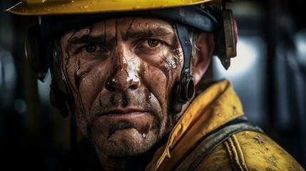 close up hdr portrait of a hard working oil plant worker wearing a helmet and dripping oil on his face