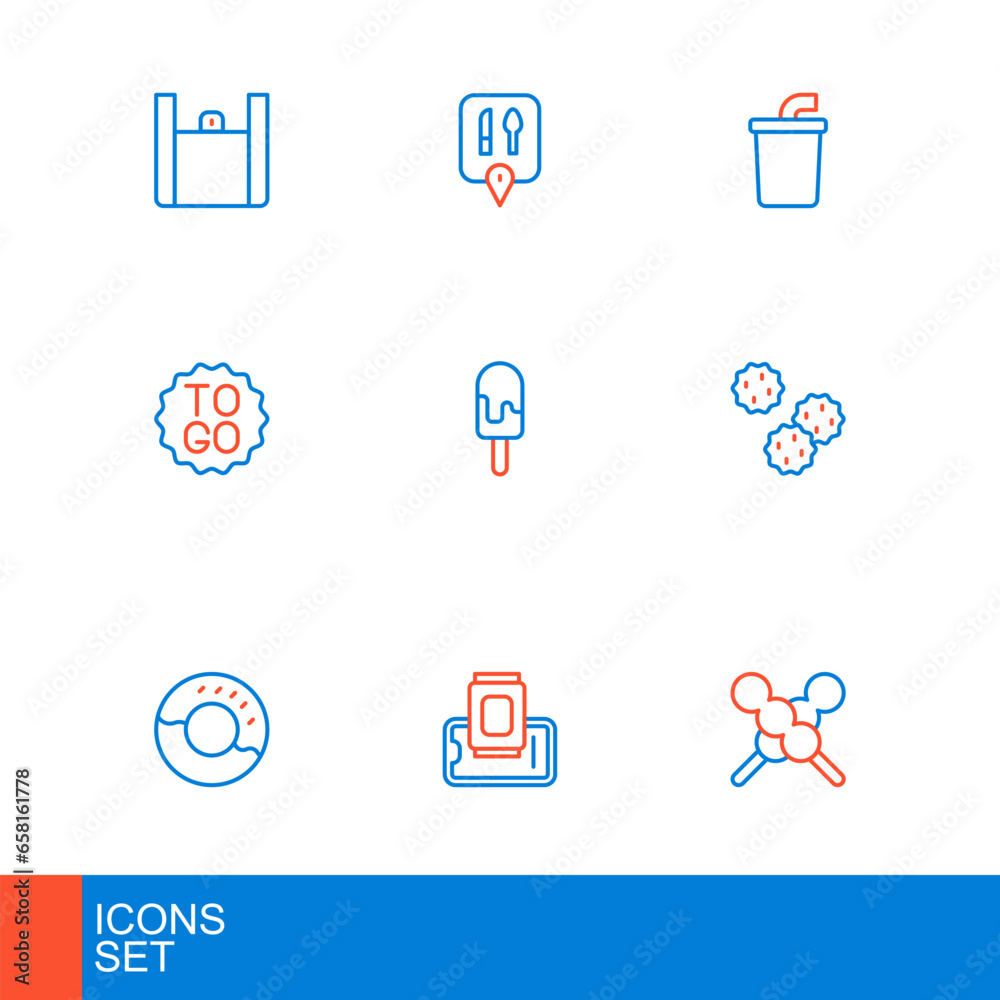 Poster Set line Meatballs on wooden stick, Food ordering mobile, Donut, Cookie biscuit, Coffee cup to go, Ice cream, Paper glass with water and Cafe and restaurant location icon. Vector