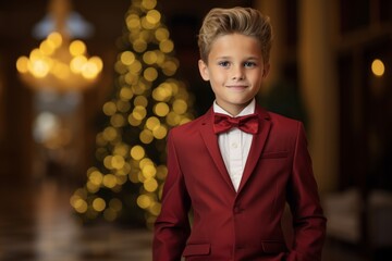 Portrait of a cute little boy in a red suit and bow tie