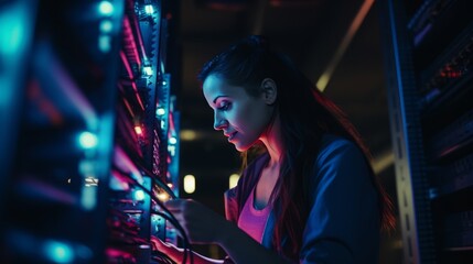 woman is working on the server in a server room